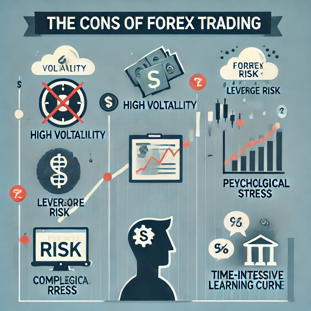 Cons of forex trading: volatility, risk, stress, learning curve.