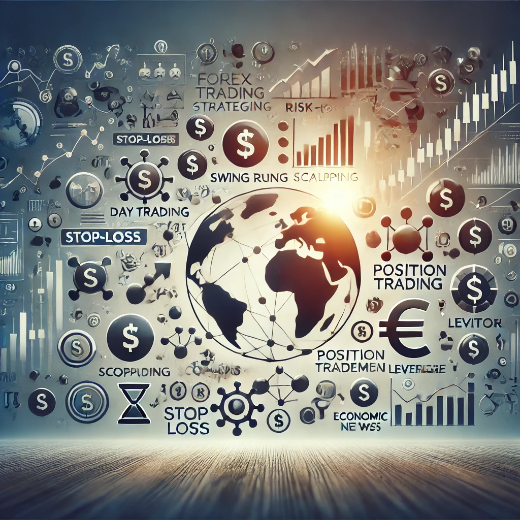 Forex trading concept with graphs and symbols.