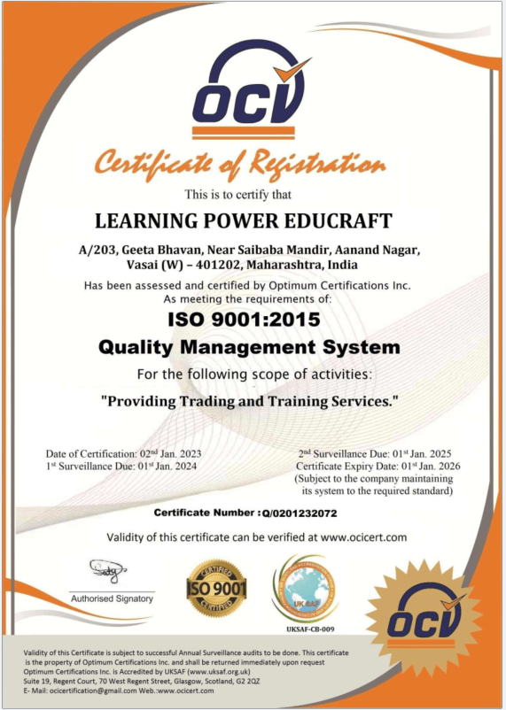 ISO 9001:2015 certification for Learning Power Educraft